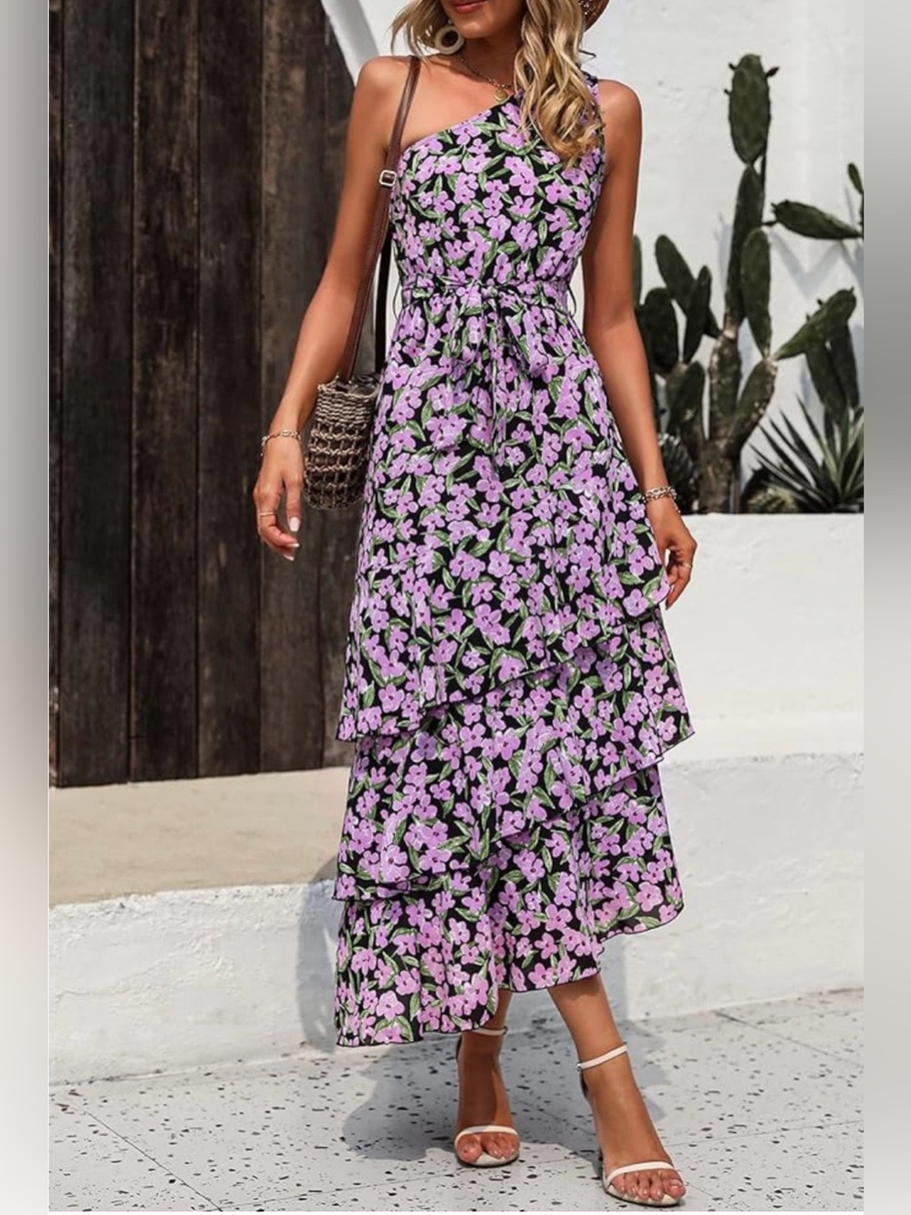Pretty garden Floral One-Shoulder Tiered Maxi Dress in Lavender